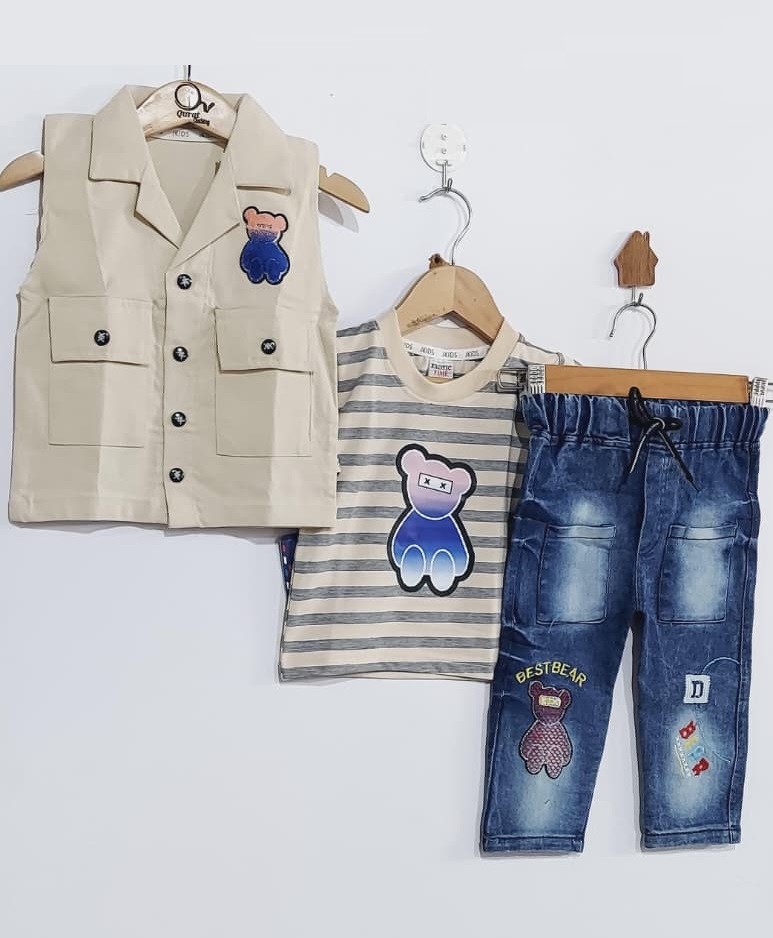 Button Vest with Striped Cotton Tee & Blue Denim BEST BEAR Patch 3 Piece Boys Suit QC7023 - QC7023