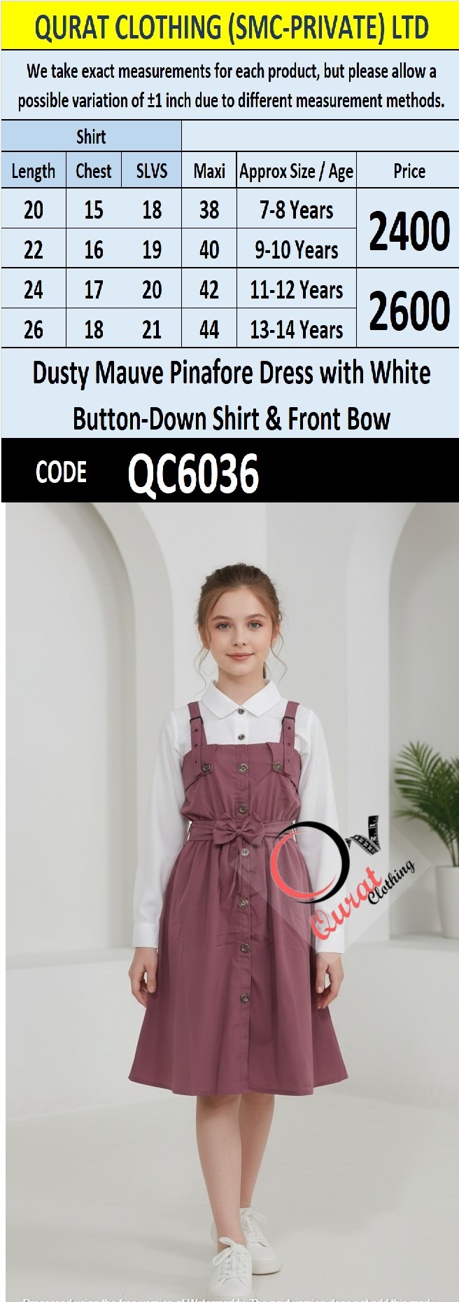 Dusty Mauve Pinafore Dress Two Piece Set with White Button-Down Shirt & Front Bow Detail – QC6036 - QC6036
