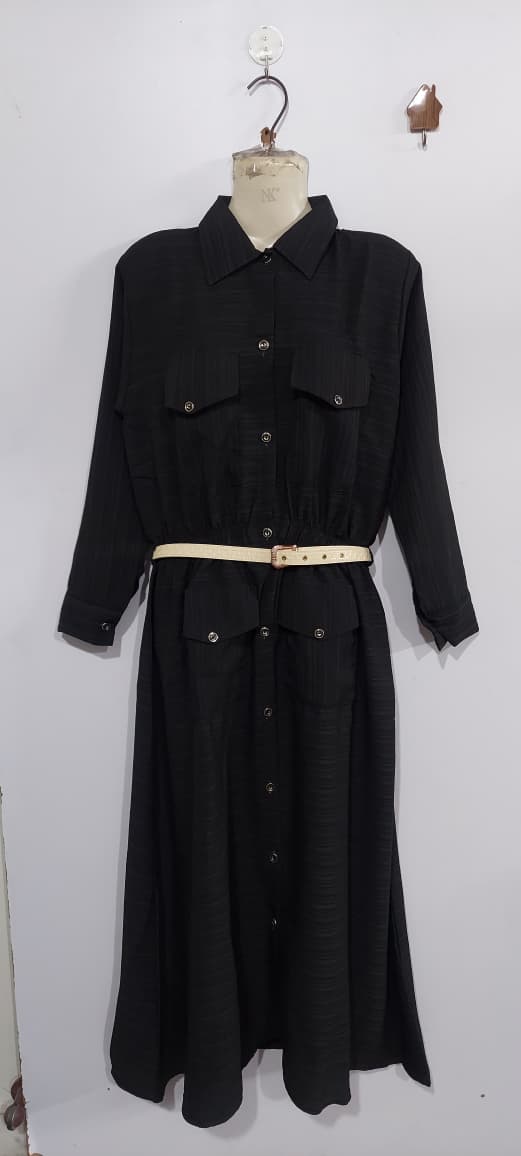 Classic Black China Crush Fabric Button-Down Maxi Shirt Dress with Utility Pockets & Waist Belt – QC10131 - QC10131