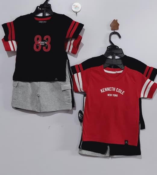 Kenneth Cole Kids Red & Black “New York 83” Cotton T-Shirts with Black & Grey Shorts Pack of 2 Set (2 T-Shirts + 2 Shorts) Hanger Suit Export USA QC10550 - QC10550