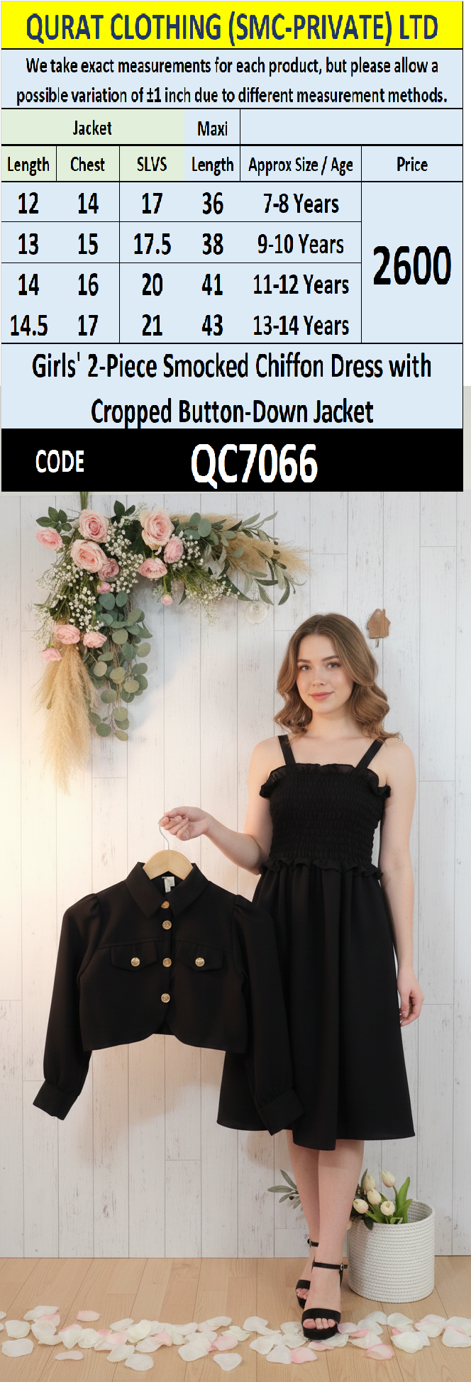 Girls Classic Black Smocked Chiffon Maxi Dress with Cropped Button-Down Jacket – 2 Piece Formal Set QC7066 - QC7066
