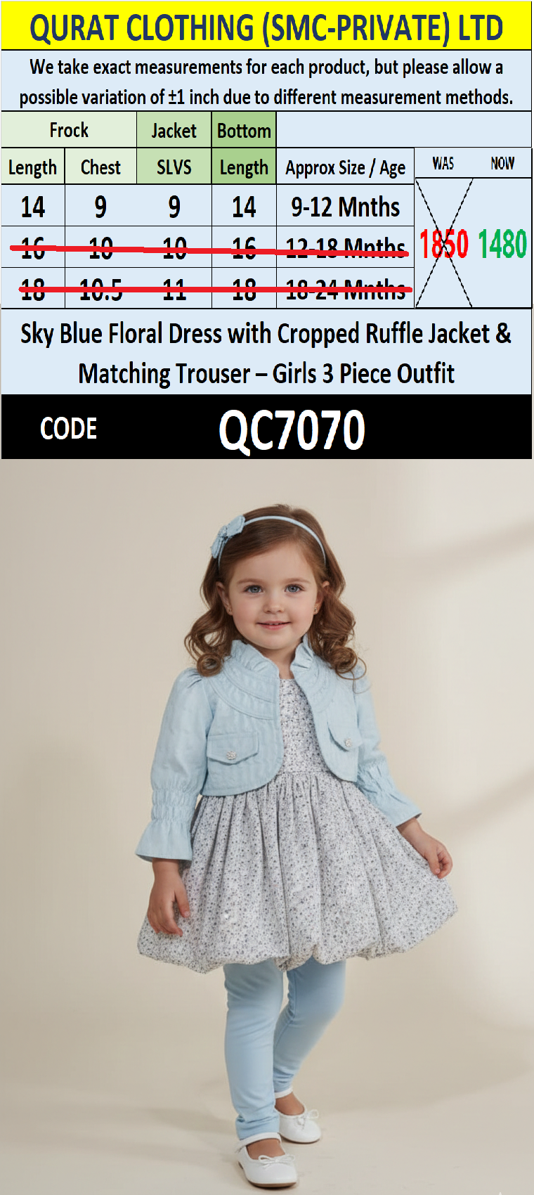 Sky Blue Floral Dress with Cropped Ruffle Jacket & Matching Trouser – Girls 3 Piece Outfit QC7070 - QC7070
