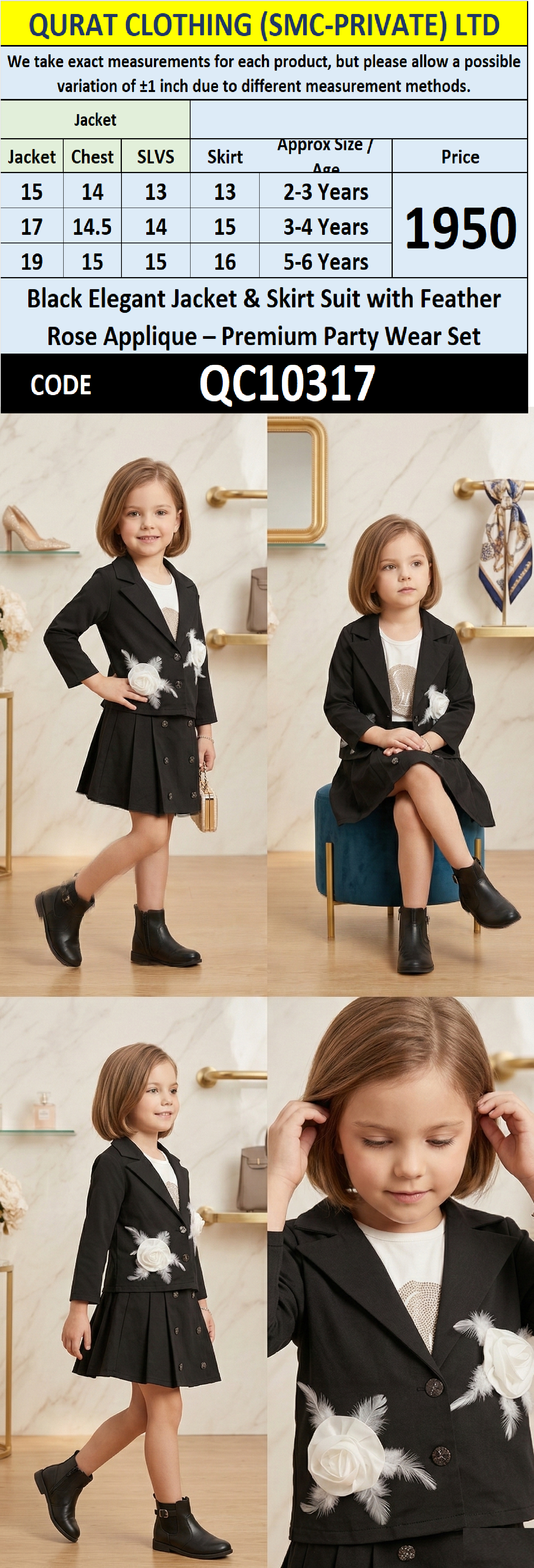 Black Elegant Jacket & Skirt Suit with Feather Rose Applique – Premium Party Wear Set QC10317 - QC10317