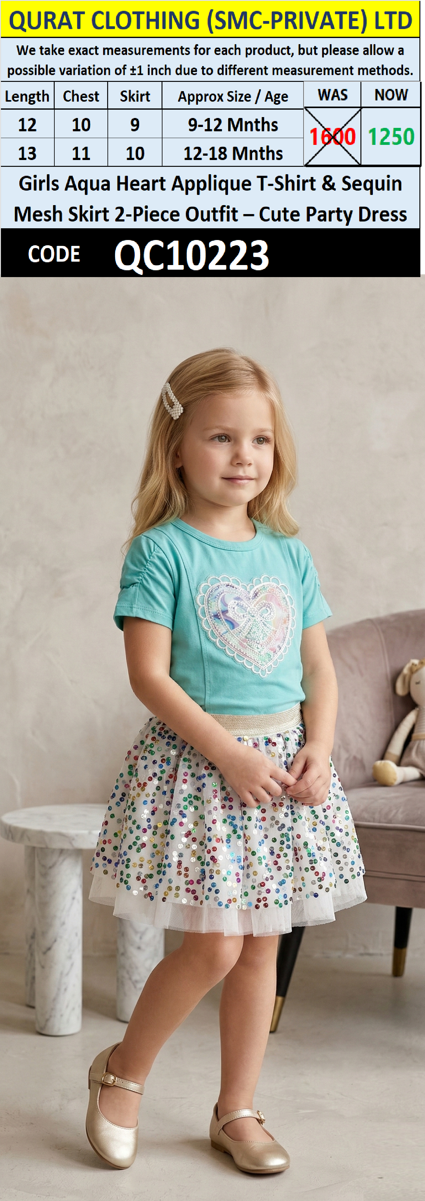 Girls Aqua Heart Applique T-Shirt & Sequin Mesh Skirt 2-Piece Outfit – Cute Party Dress – QC10223 - QC10223