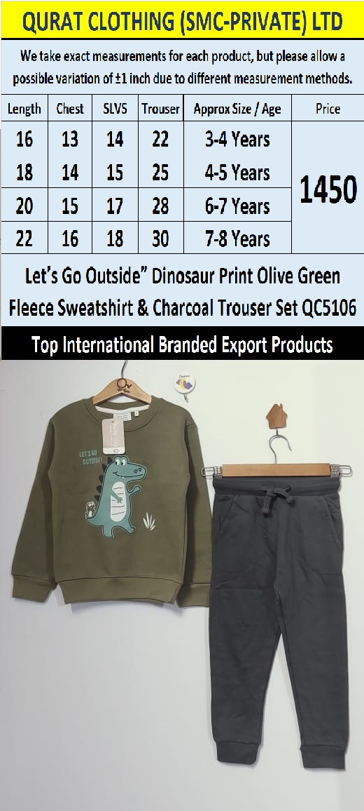 “Let’s Go Outside” Dinosaur Print Olive Green Fleece Sweatshirt & Charcoal Trouser Set QC5106 – Top International Branded Export Product - QC5106
