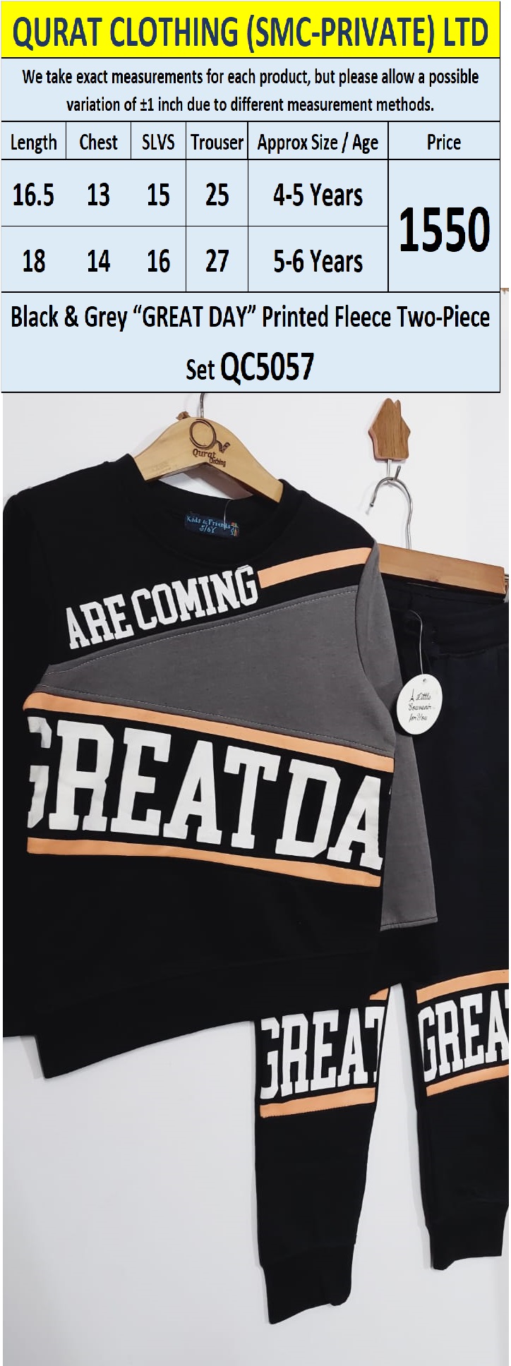 Black & Grey “GREAT DAY ARE COMING” Printed Fleece Two-Piece Set QC5057 - QC5057