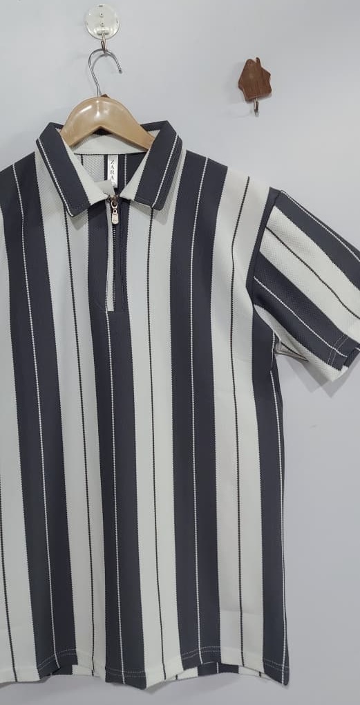 Old Money Grey Stripe Stripe Polo T-Shirt – Premium Zipper Collar Fashion QC8043 - QC8043