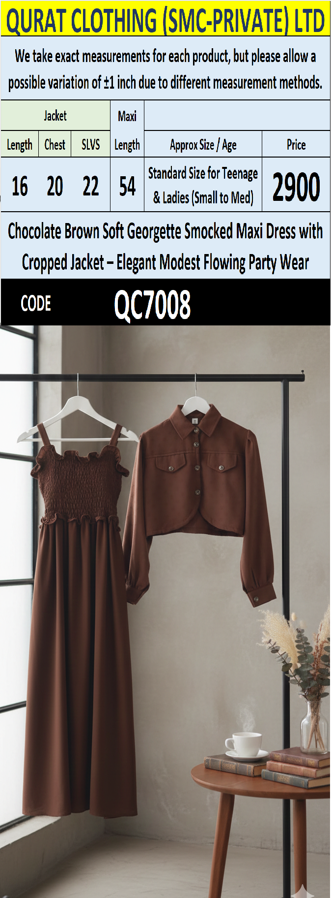 Chocolate Brown Soft Georgette Smocked Maxi Dress with Cropped Jacket – Elegant Modest Flowing Party Wear – QC7008 - QC7008