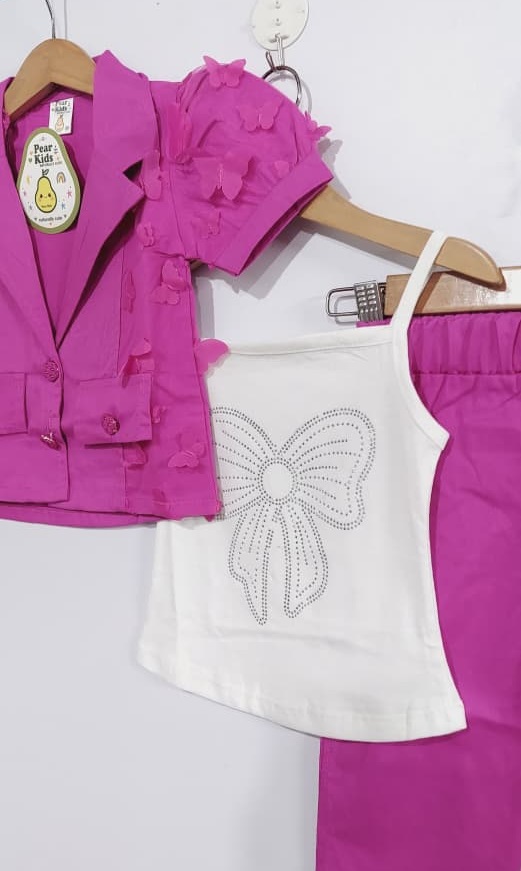 Hot Pink 3-Piece Formal Suit Set – Floral Sleeve Blazer, White Rhinestone Bow Top & Trousers QC7086 - QC7086