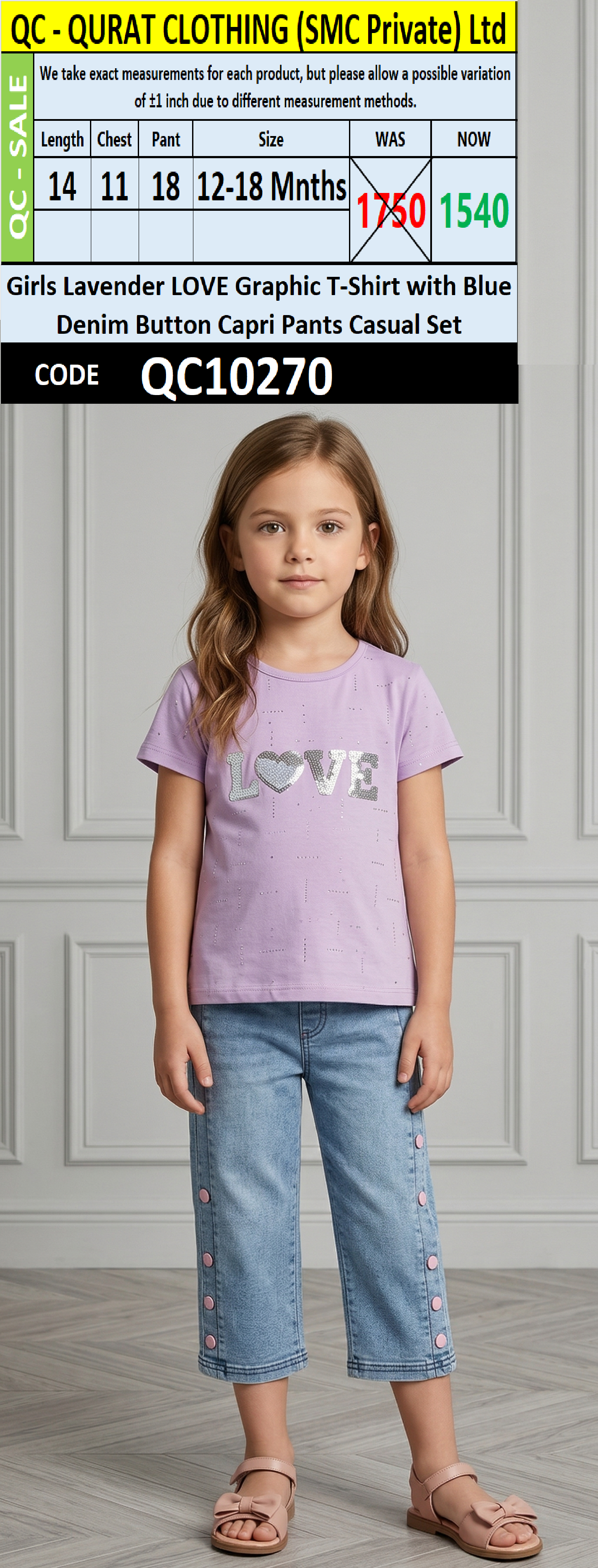 Girls Lavender LOVE Graphic T-Shirt with Blue Denim Button Capri Pants Casual Set - QC10270 - QC10270