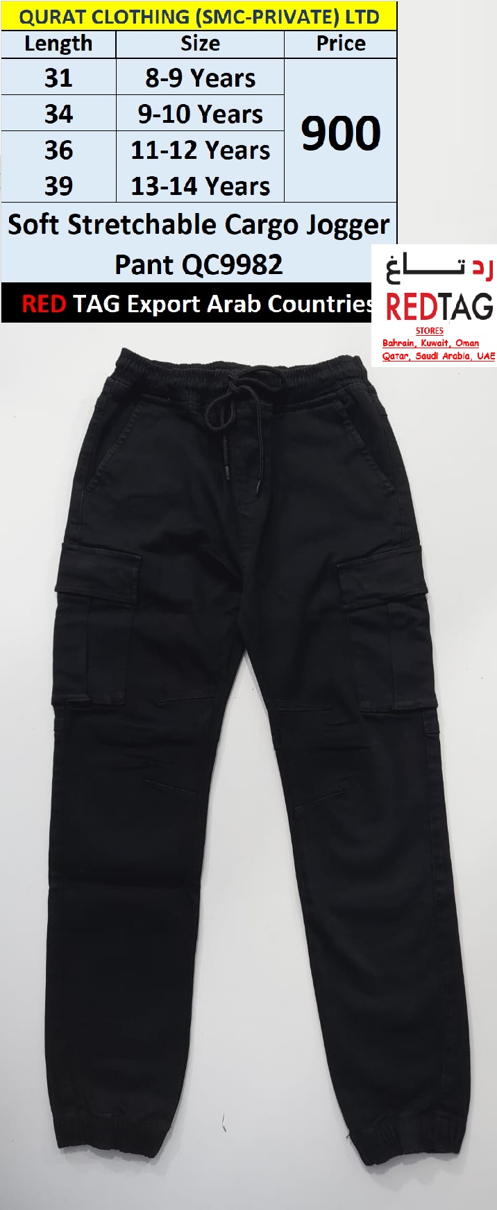 RED TAG Brand Soft Stretchable Cargo Jogger Pant QC9982, Export Arab Countries - QC9982