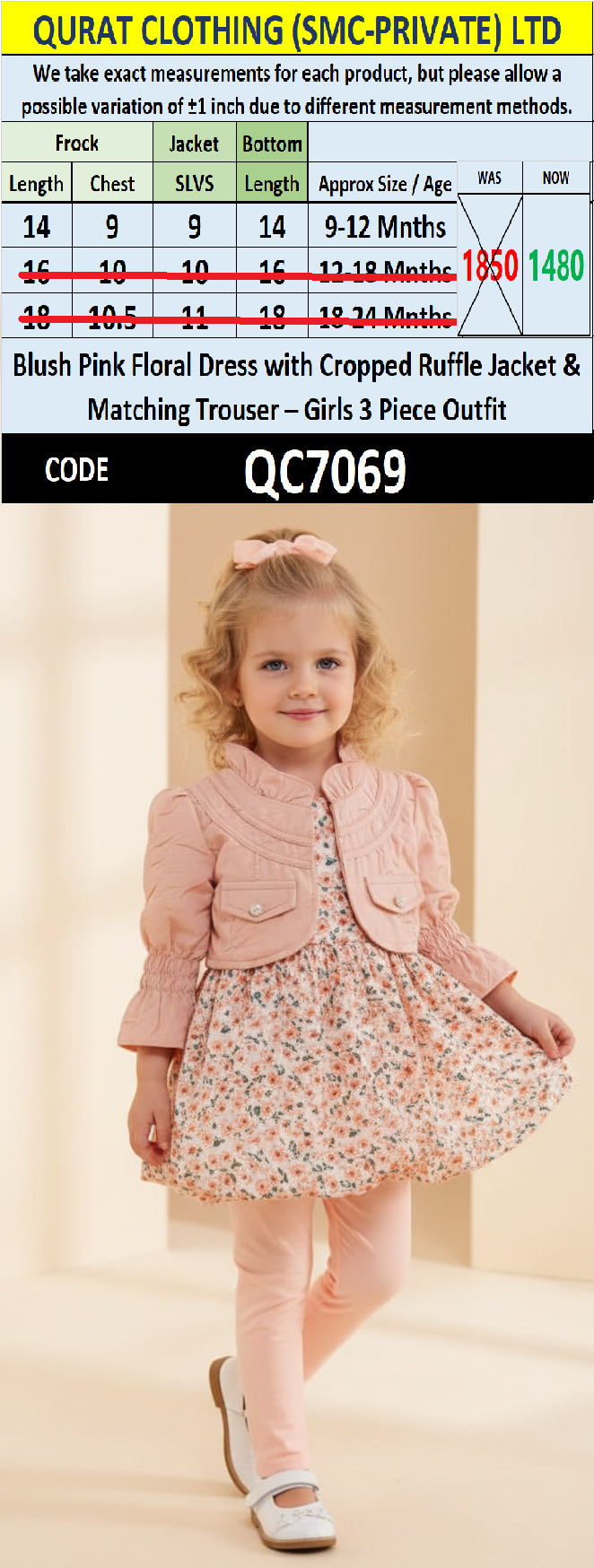 Blush Pink Floral Dress with Cropped Ruffle Jacket & Matching Trouser – Girls 3 Piece Outfit QC7069 - QC7069