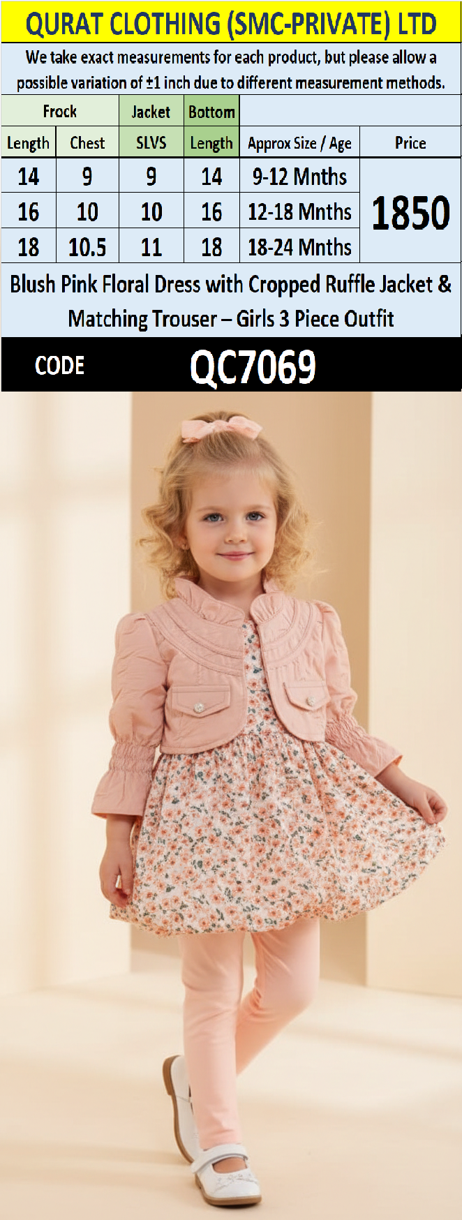 Blush Pink Floral Dress with Cropped Ruffle Jacket & Matching Trouser – Girls 3 Piece Outfit QC7069 - QC7069