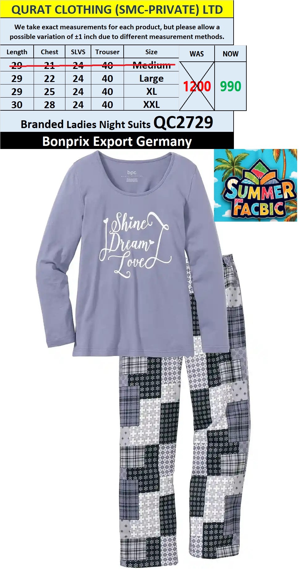 Bonprix BPC Brand Summer Ladies Night Suits QC2729 Export Germany - QC2729
