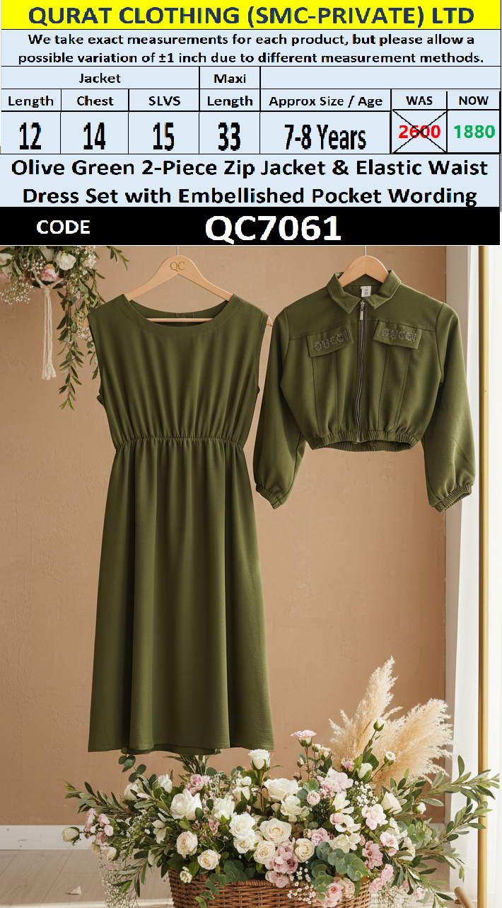 Olive Green 2-Piece Zip Jacket & Elastic Waist Maxi Dress Set with Embellished Pocket Wording for Girls - QC7061 - QC7061