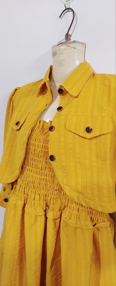 Girls Mustard Yellow Smocked Chiffon Maxi Dress with Cropped Button-Down Jacket – 2 Piece Formal Set QC7067 - QC7067