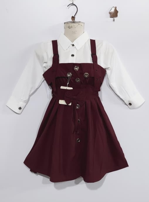 Maroon Pinafore Dress Two Piece Set with White Button-Down Shirt & Front Bow Detail – QC6034 - QC6034
