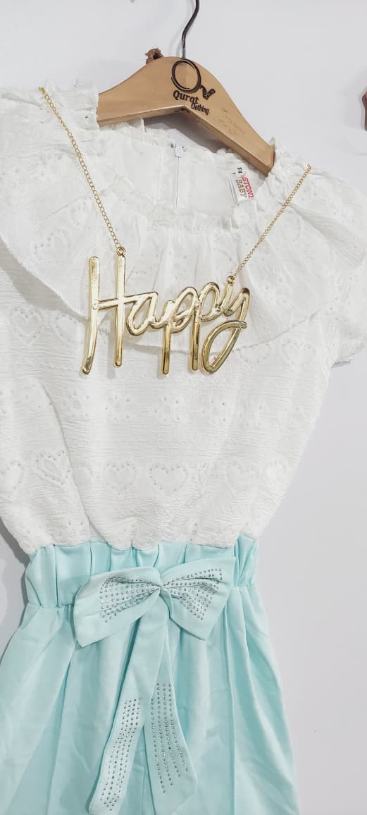 Girls White Cotton Eyelet “Happy” Ruffle Neck Mint Green Bow Belt Jumpsuit QC7075 - QC7075