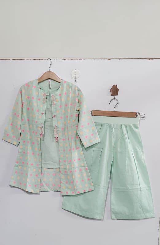 Girls Mint Green Ethnic Printed Jacket Kurti with Embroidered Inner Top & Palazzo Set – QC10316 - QC10316
