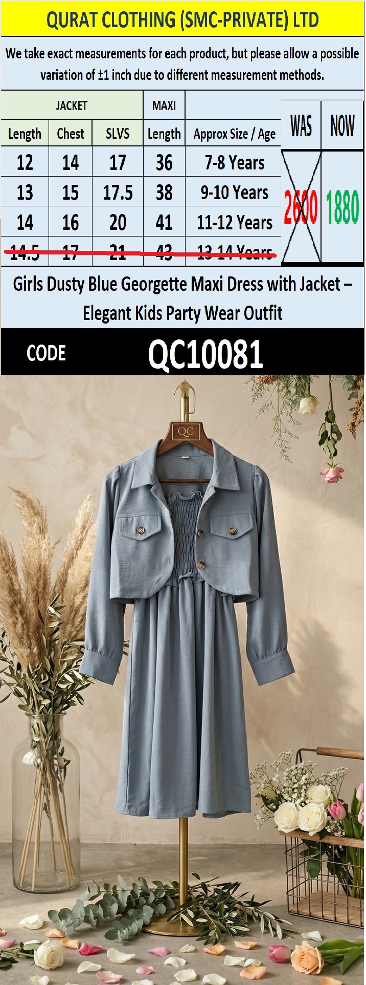 Girls Dusty Blue Georgette Maxi Dress with Jacket – Elegant Kids Party Wear Outfit QC10081 - QC10081