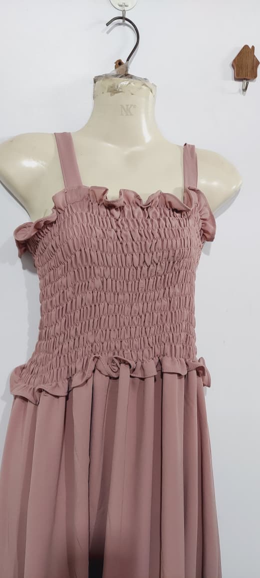 Dusty Rose Soft Georgette Smocked Maxi Dress with Cropped Jacket – Elegant Modest Flowing Party Wear – QC7009 - QC7009