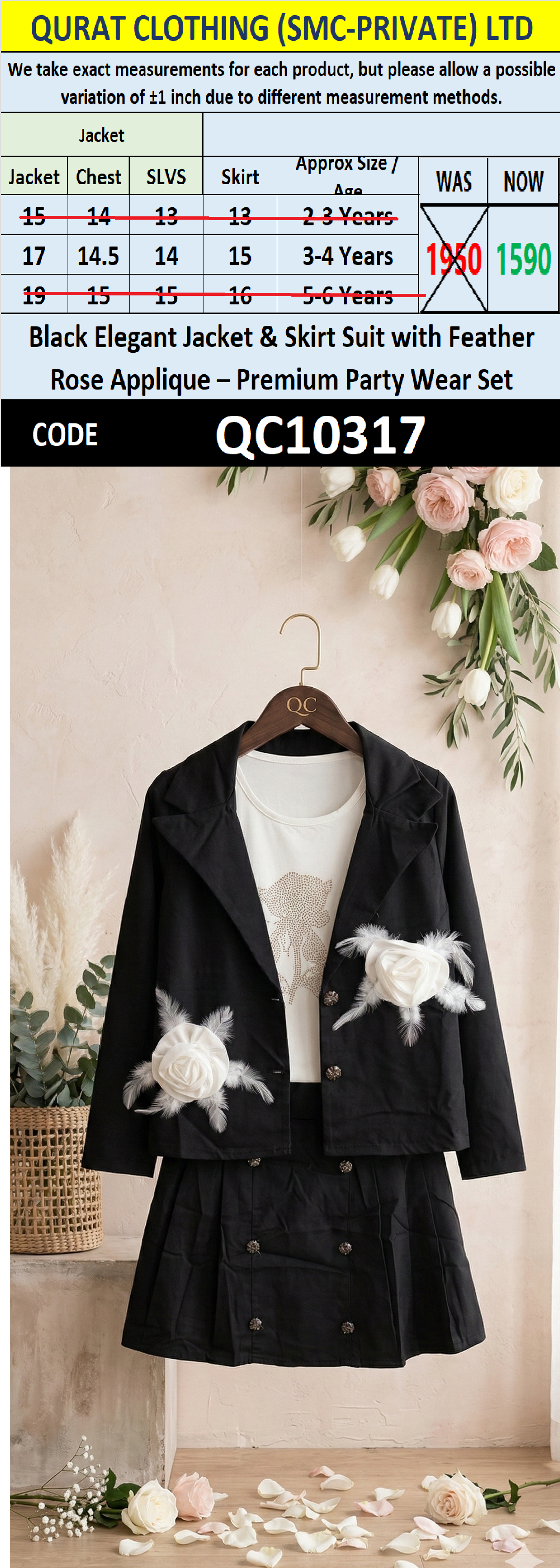 Black Elegant Jacket & Skirt Suit with Feather Rose Applique – Premium Party Wear Set QC10317 - QC10317