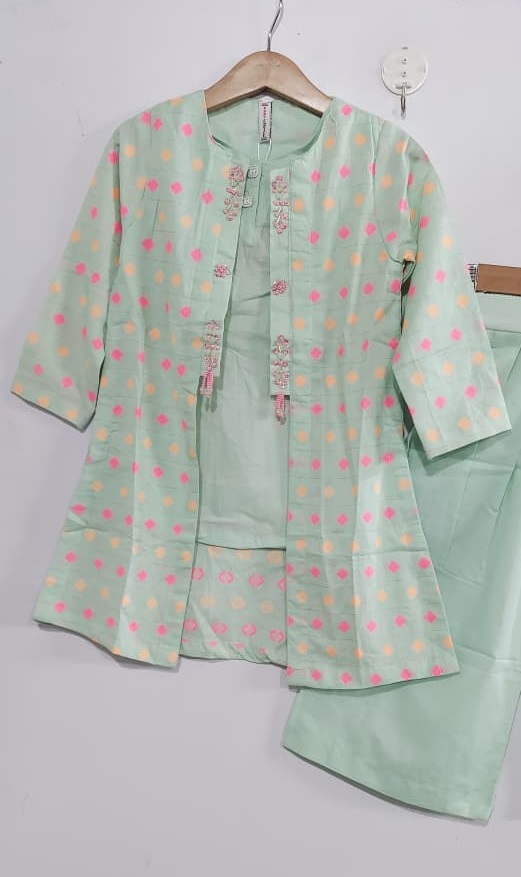 Girls Mint Green Ethnic Printed Jacket Kurti with Embroidered Inner Top & Palazzo Set – QC10316 - QC10316