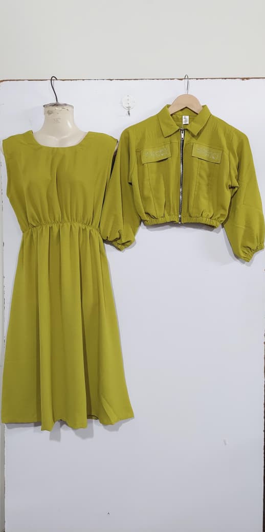 Olive Green Girls 2-Piece Zip Jacket & Elastic Waist Maxi Dress Set – Embellished Pocket Detail– QC7057 - QC7057