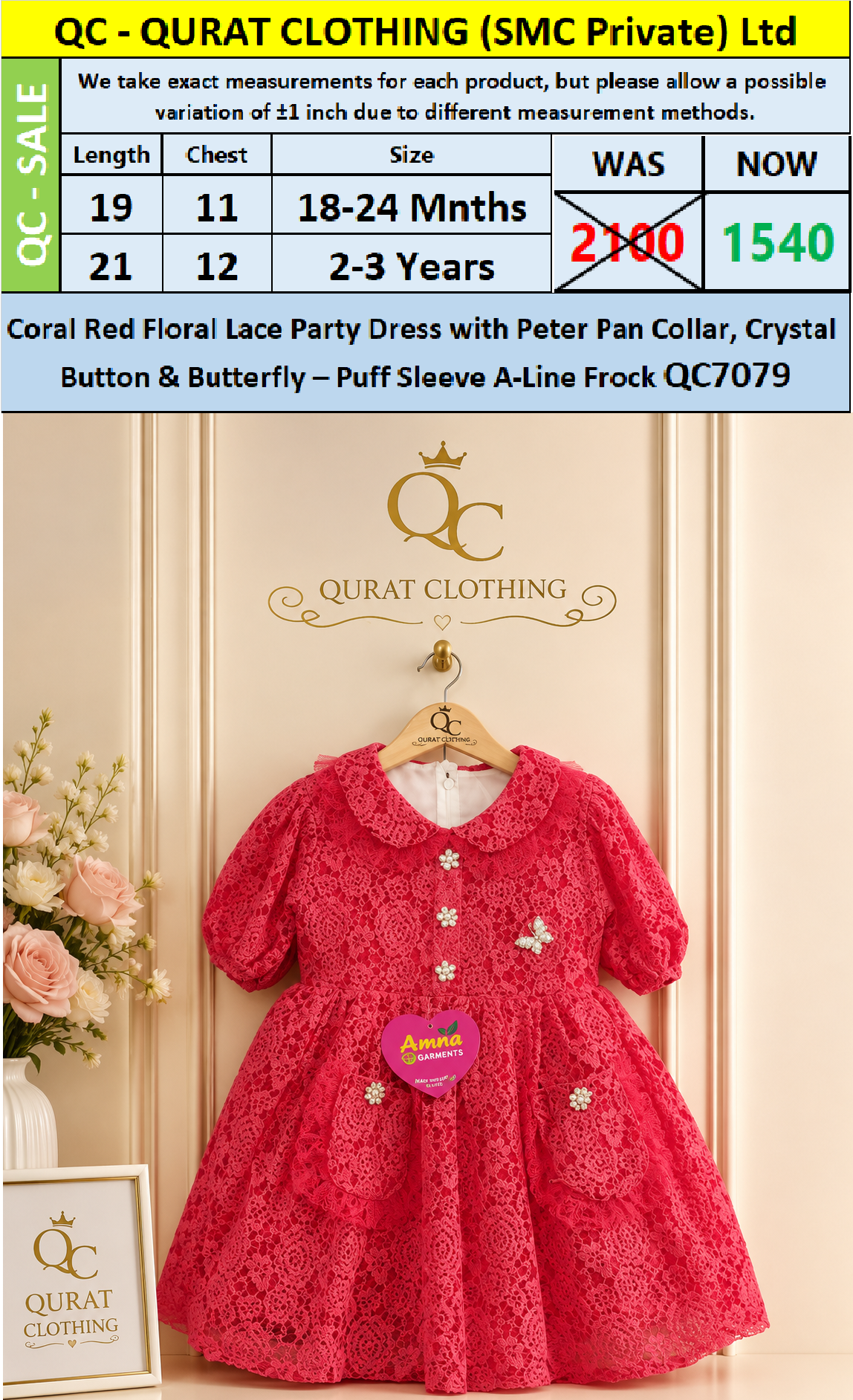 Coral Red Floral Lace Party Dress with Peter Pan Collar, Crystal Button & Butterfly – Puff Sleeve A-Line Frock QC7079 - QC7079
