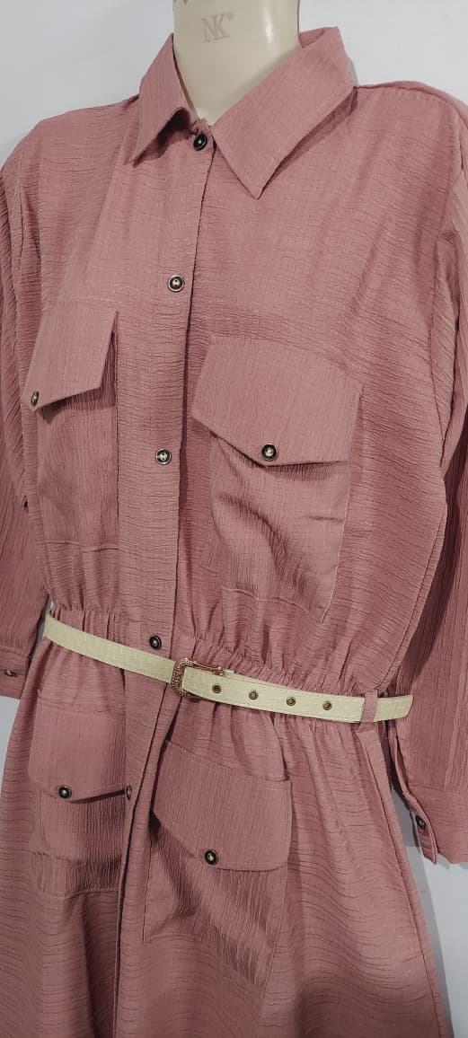 Dusty Pink China Crush Fabric Button-Down Maxi Shirt Dress with Utility Pockets & Waist Belt – QC10129 - QC10129