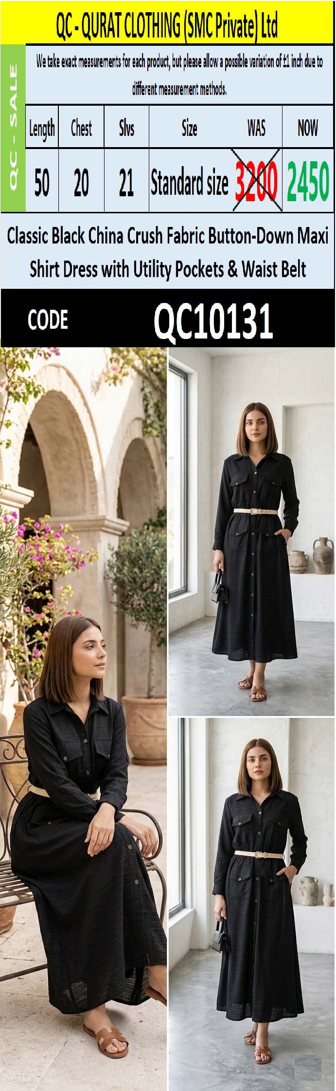 Classic Black China Crush Fabric Button-Down Maxi Shirt Dress with Utility Pockets & Waist Belt – QC10131 - QC10131