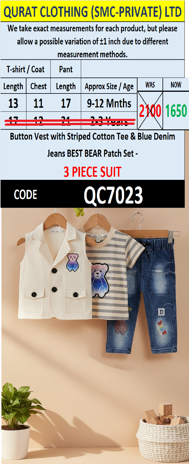 Button Vest with Striped Cotton Tee & Blue Denim BEST BEAR Patch 3 Piece Boys Suit QC7023 - QC7023