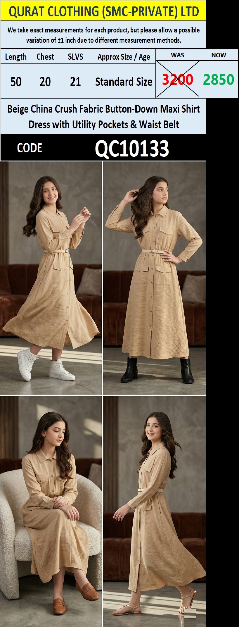 Beige China Crush Fabric Button-Down Maxi Shirt Dress with Utility Pockets & Waist Belt – QC10133 - QC10133