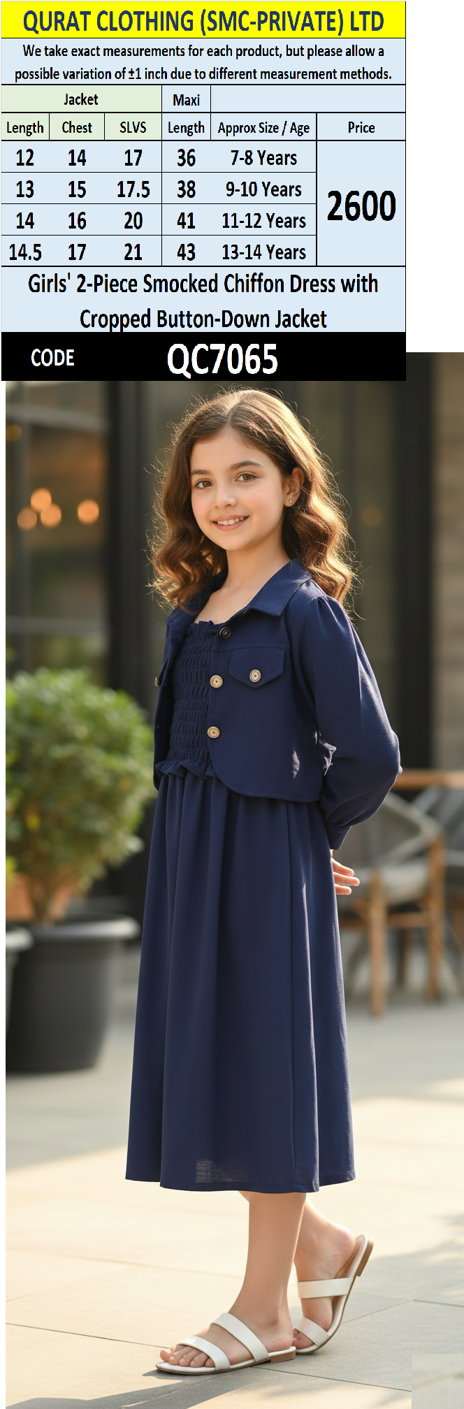 Girls Navy Blue Smocked Chiffon Maxi Dress with Cropped Button-Down Jacket – 2 Piece Formal Set QC7065 - QC7065