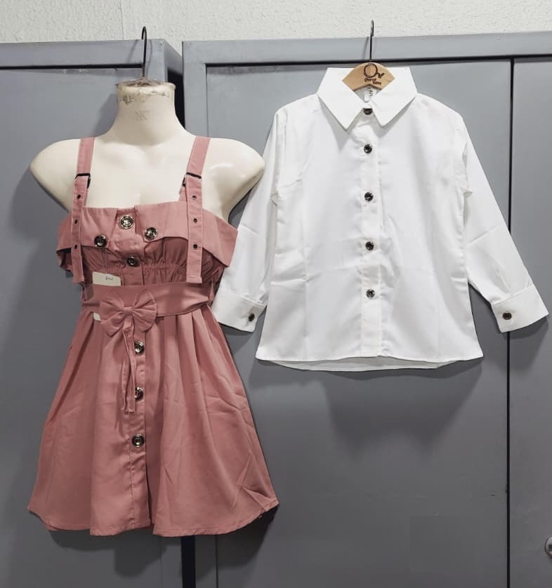 Dusty Rose Pinafore Dress Two Piece Set with White Button-Down Shirt & Bow Detail – QC6033 - QC6033