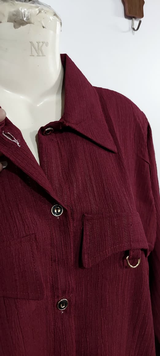Maroon China Crush Textured Button-Down Long Shirt – Elegant Formal Wear Tunic QC6098 - QC6098