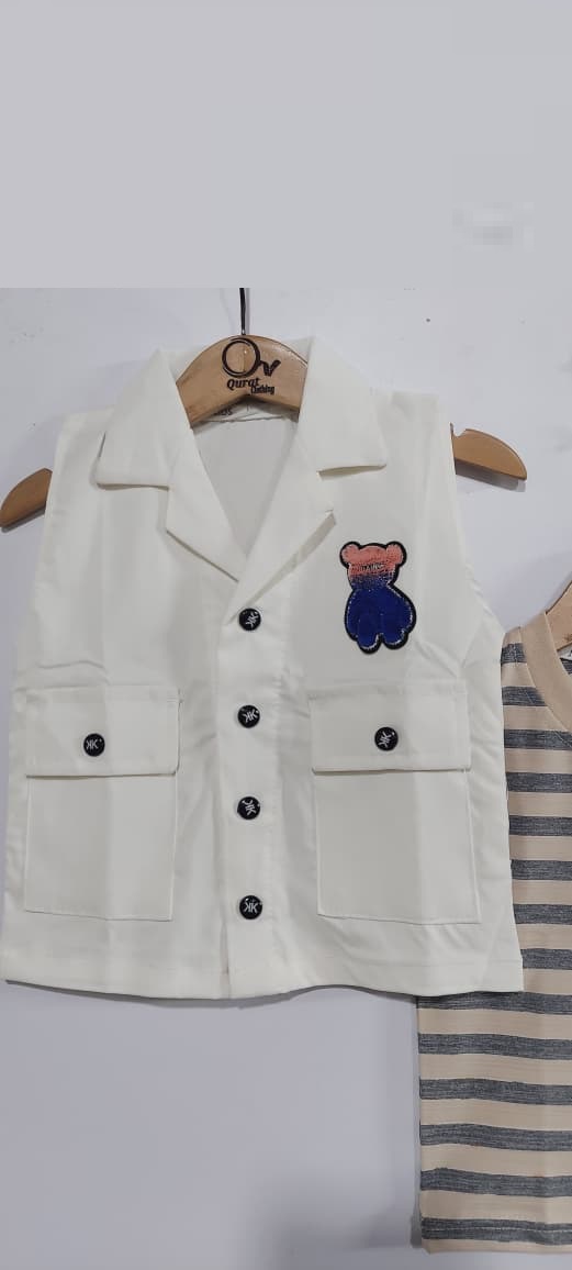 Button Vest with Striped Cotton Tee & Blue Denim BEST BEAR Patch 3 Piece Boys Suit QC7023 - QC7023