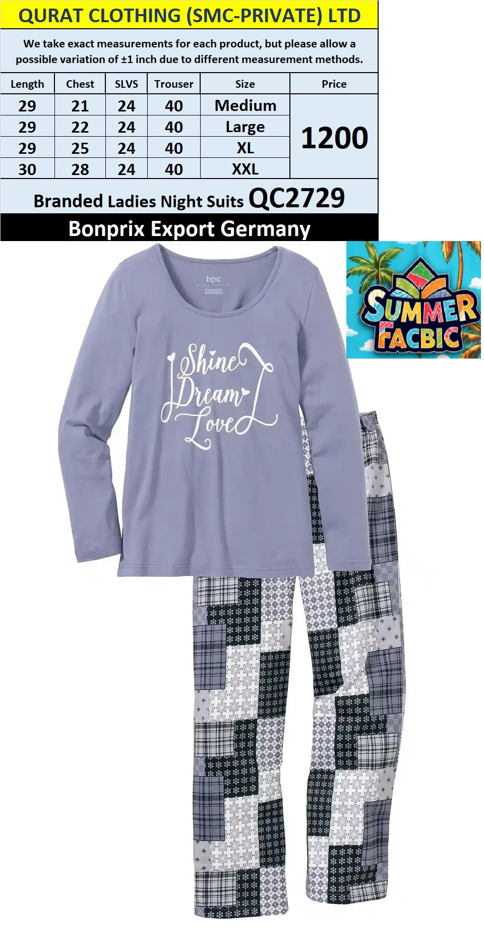Bonprix BPC Brand Summer Ladies Night Suits QC2729 Export Germany - QC2729