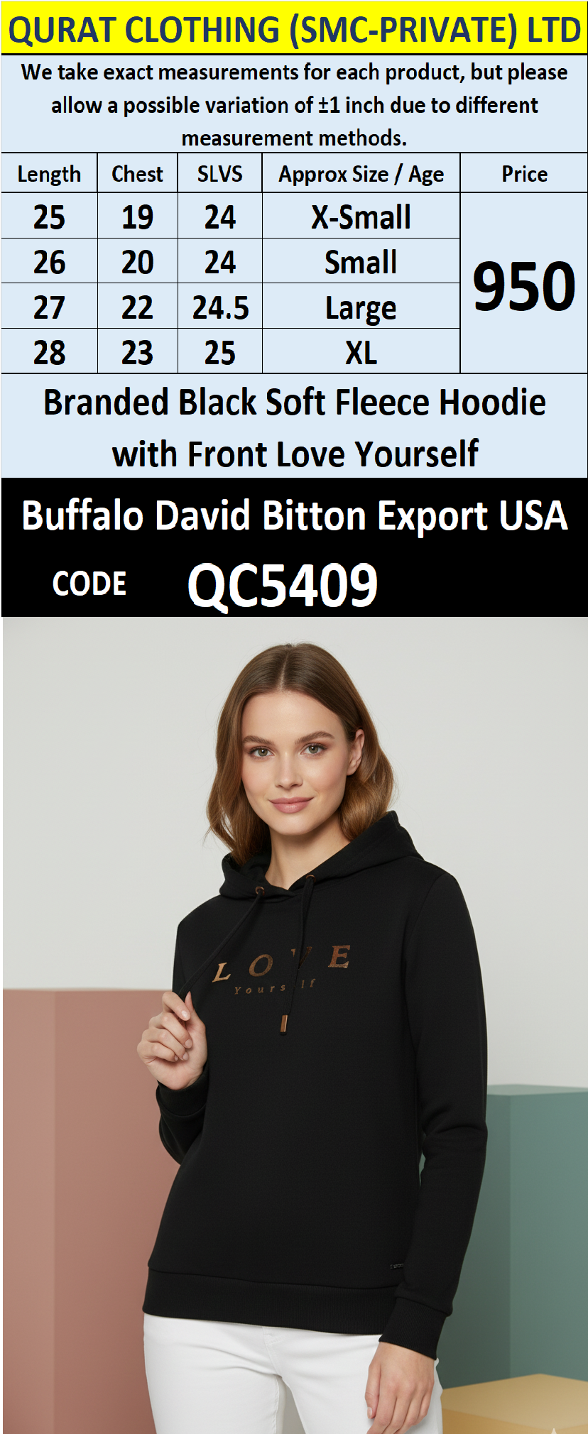 Buffalo David Bitton Black Soft Fleece Hoodie LOVE Yourself QC5409 – Export USA - QC5409