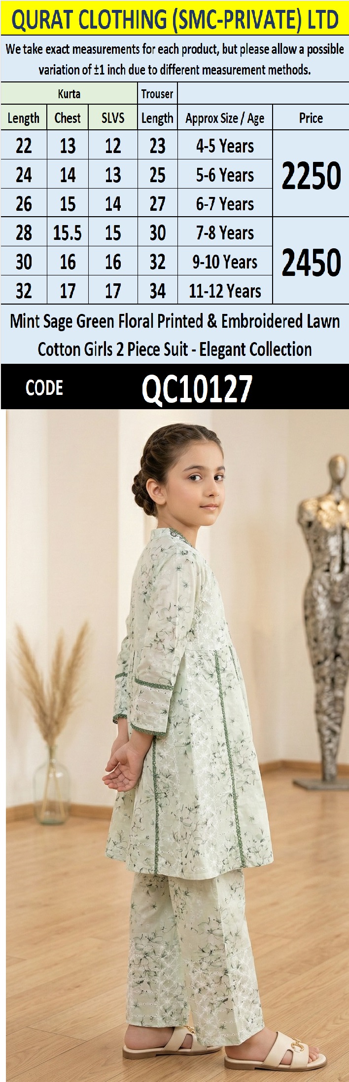 Mint Sage Green Floral Printed & Embroidered Lawn Cotton Girls 2 Piece Suit – Elegant Collection QC10127 - QC10127