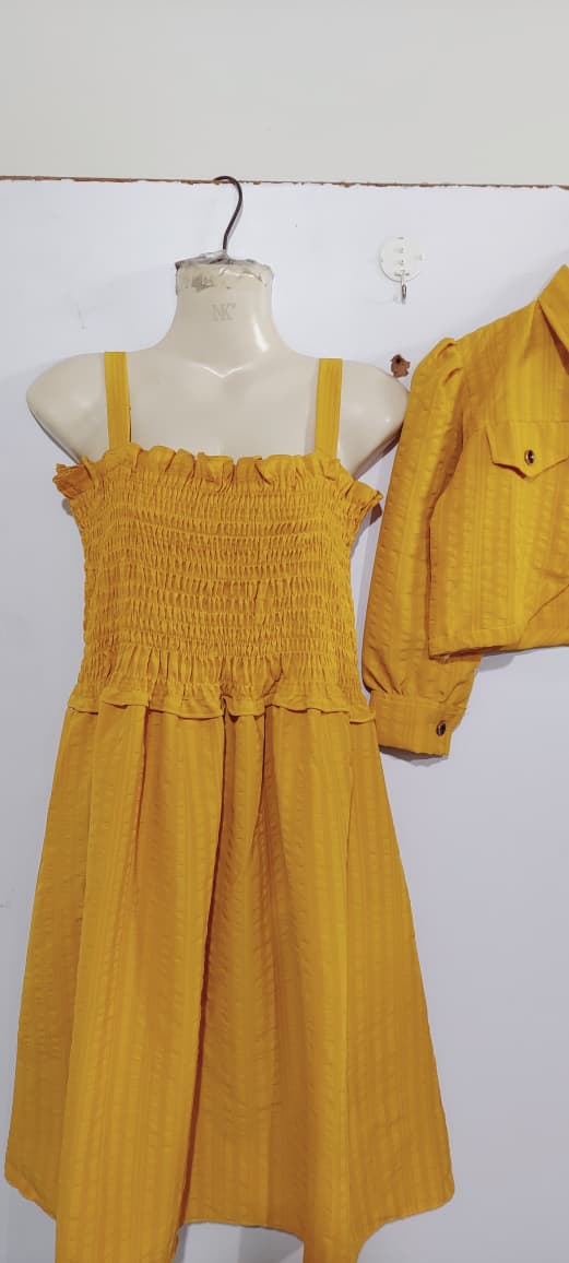 Girls Mustard Yellow Smocked Chiffon Maxi Dress with Cropped Button-Down Jacket – 2 Piece Formal Set QC7067 - QC7067
