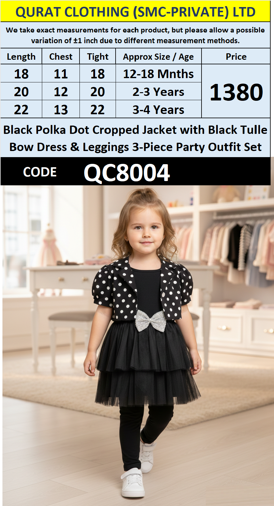 Black Polka Dot Cropped Jacket with Black Tulle Bow Dress & Leggings 3-Piece Party Outfit Set QC8004 - QC8004