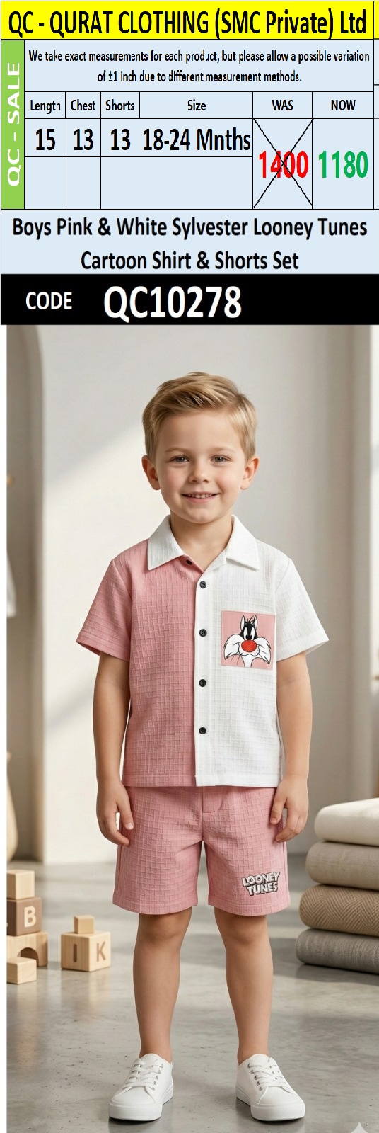 Boys Pink & White Sylvester Looney Tunes Cartoon Shirt & Shorts Set – QC10278 - QC10278