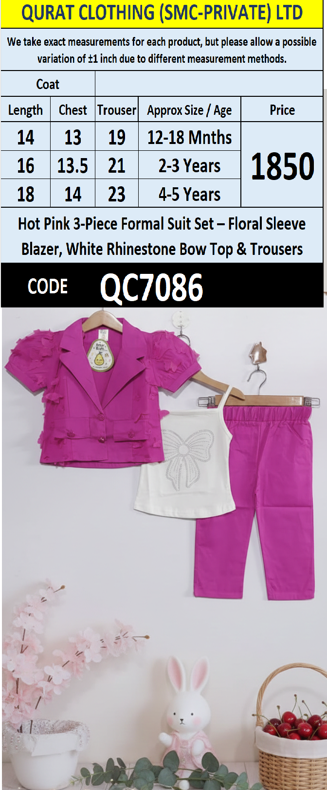 Hot Pink 3-Piece Formal Suit Set – Floral Sleeve Blazer, White Rhinestone Bow Top & Trousers QC7086 - QC7086