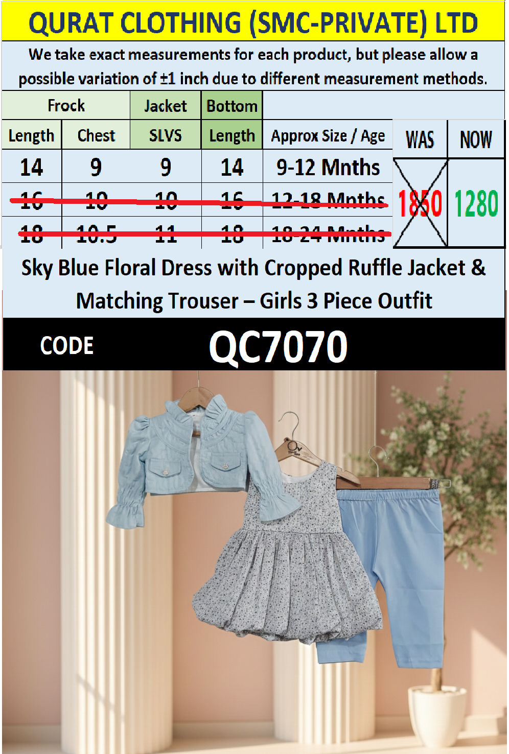 Sky Blue Floral Dress with Cropped Ruffle Jacket & Matching Trouser – Girls 3 Piece Outfit QC7070 - QC7070