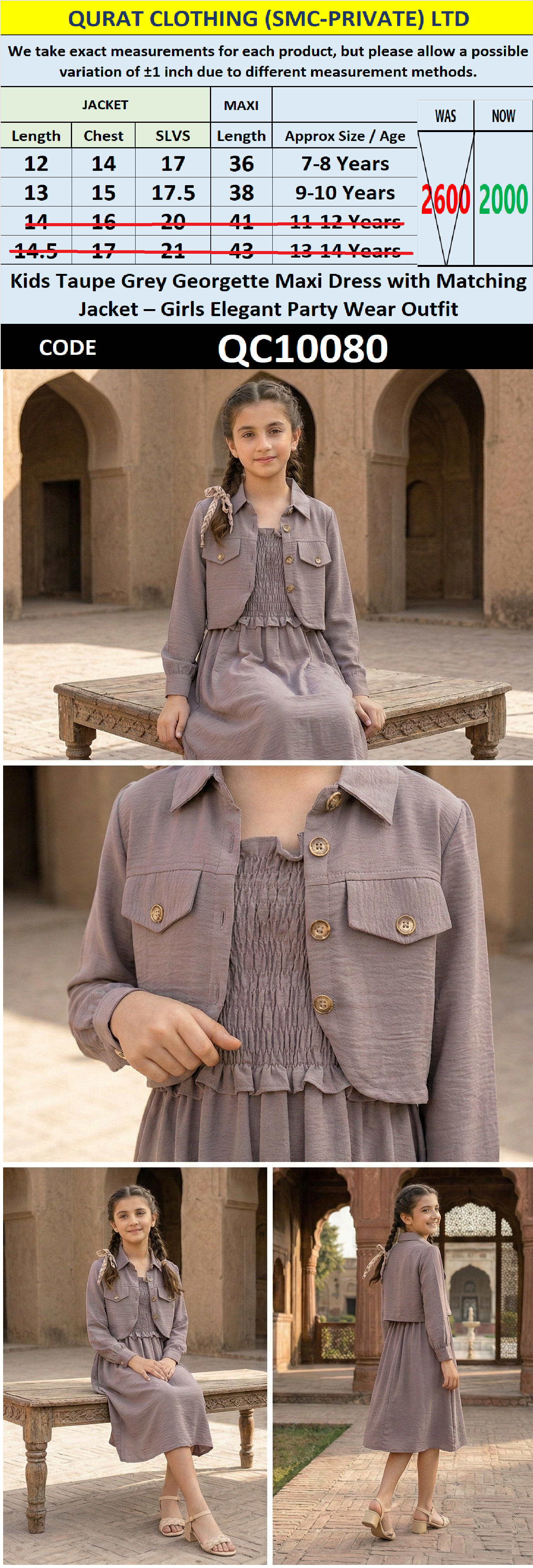 Kids Taupe Grey Georgette Maxi Dress with Matching Jacket – Girls Elegant Party Wear Outfit QC10080 - QC10080