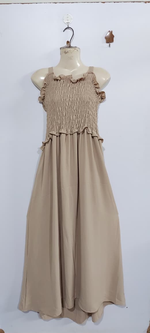 Elegant Beige Soft Georgette Smocked Maxi Dress with Cropped Jacket – Women’s Flowy Party & Modest Wear – QC7005 - QC7005