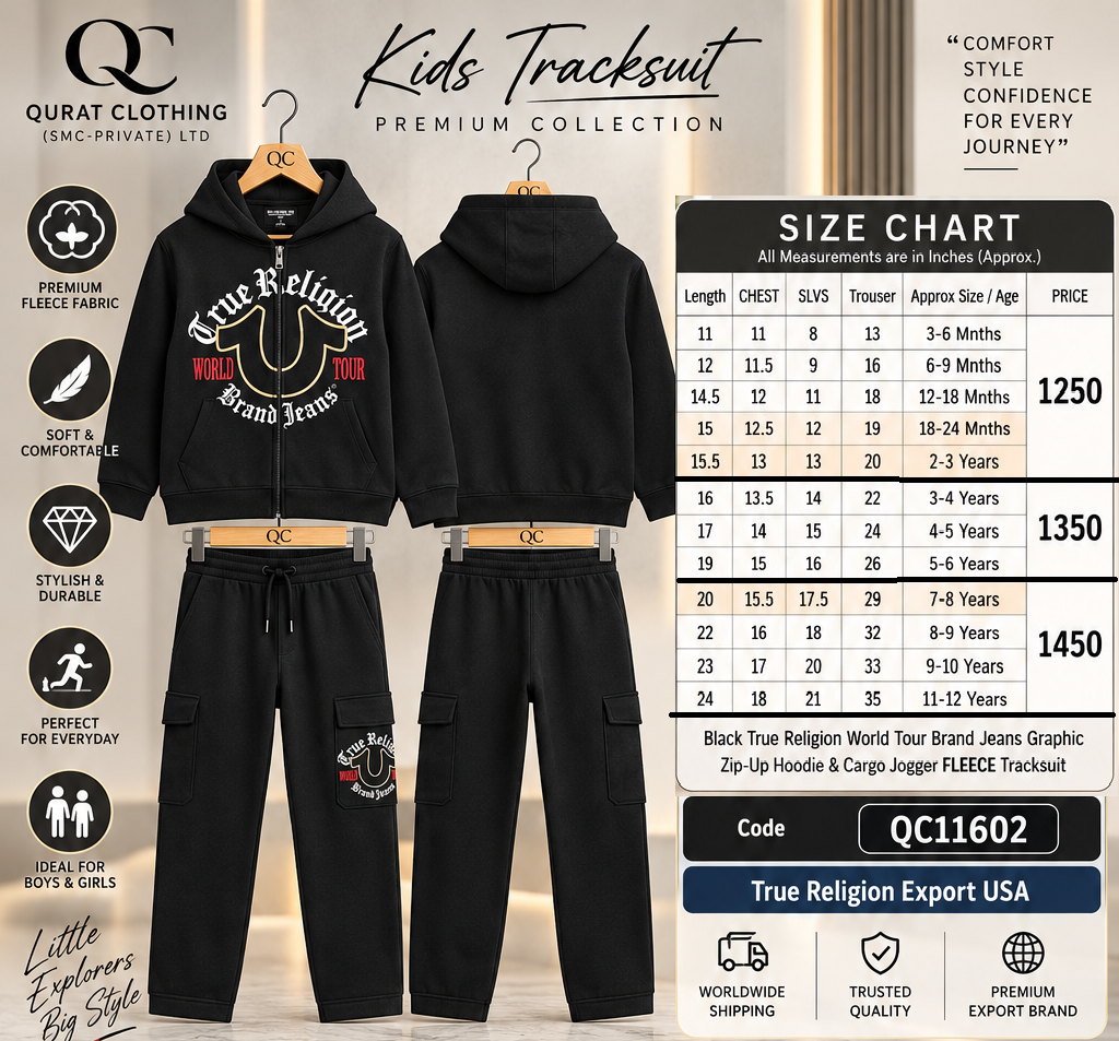 Black True Religion World Tour Brand Jeans Graphic Zip-Up Hoodie & Cargo Jogger FLEECE Tracksuit – Export USA QC11602 - QC11602