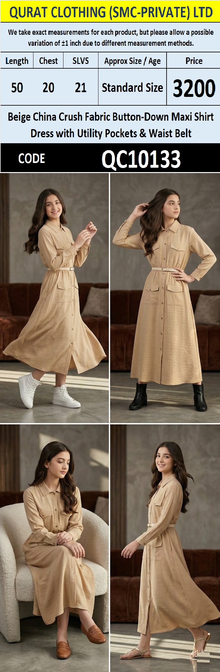 Beige China Crush Fabric Button-Down Maxi Shirt Dress with Utility Pockets & Waist Belt – QC10133 - QC10133
