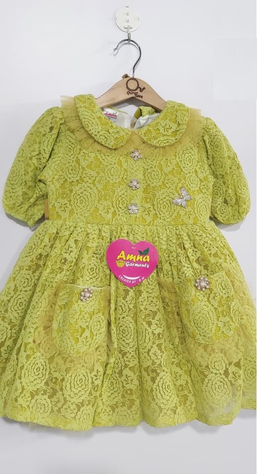 Lime Green Floral Lace Party Dress with Peter Pan Collar & Crystal Button – Puff Sleeve A-Line Frock QC7078 - QC7078